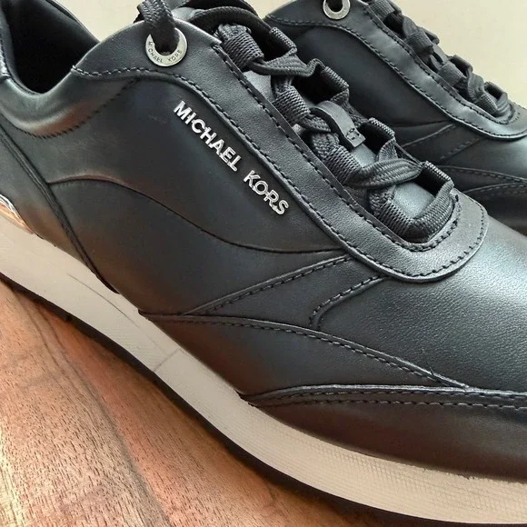 Michael Kors Allie Strider Size 8M Black Silver Sneakers Size 8 Leather Shoes - Picture 7 of 14